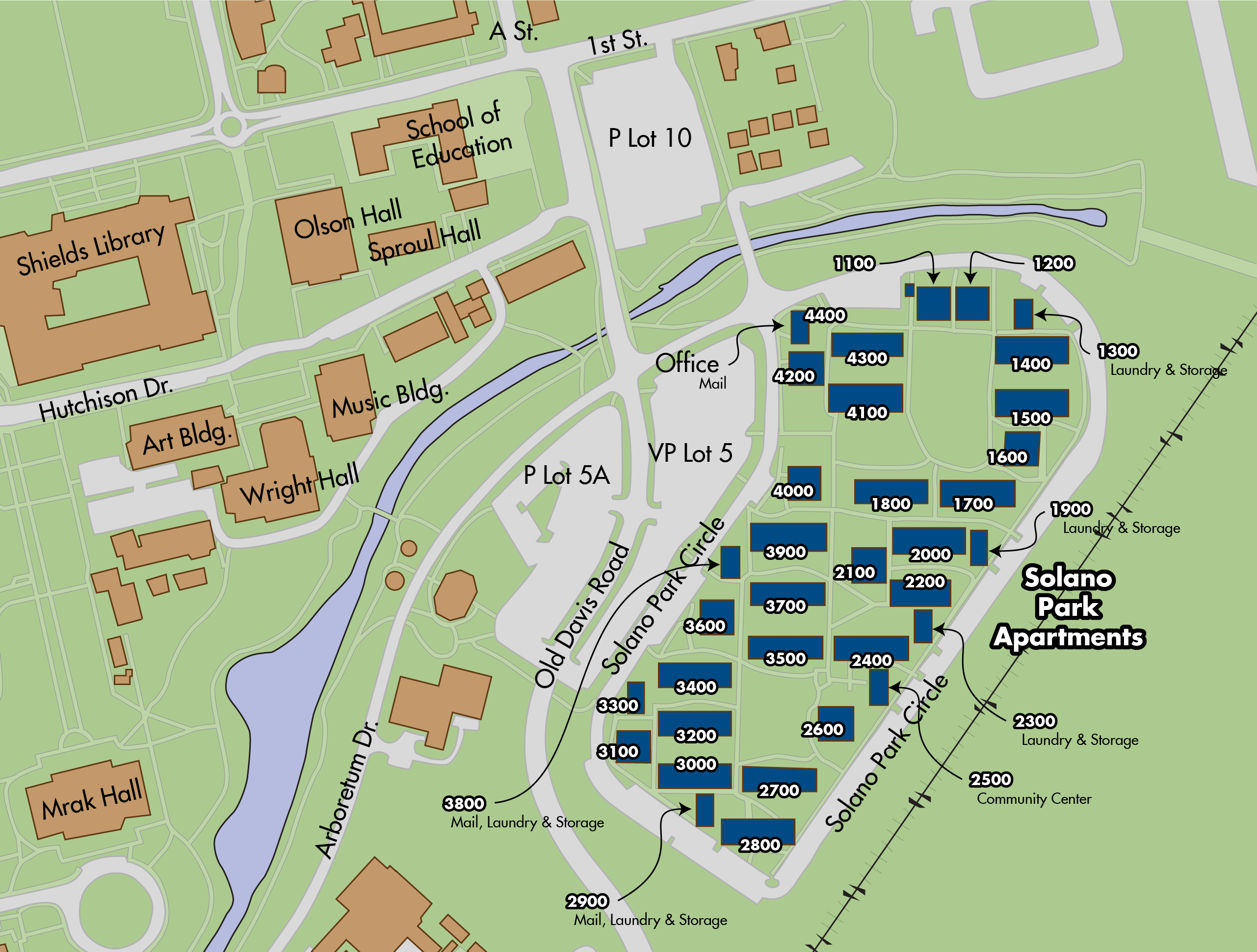 Map of Solano Park apartments locations on the UC Davis campus