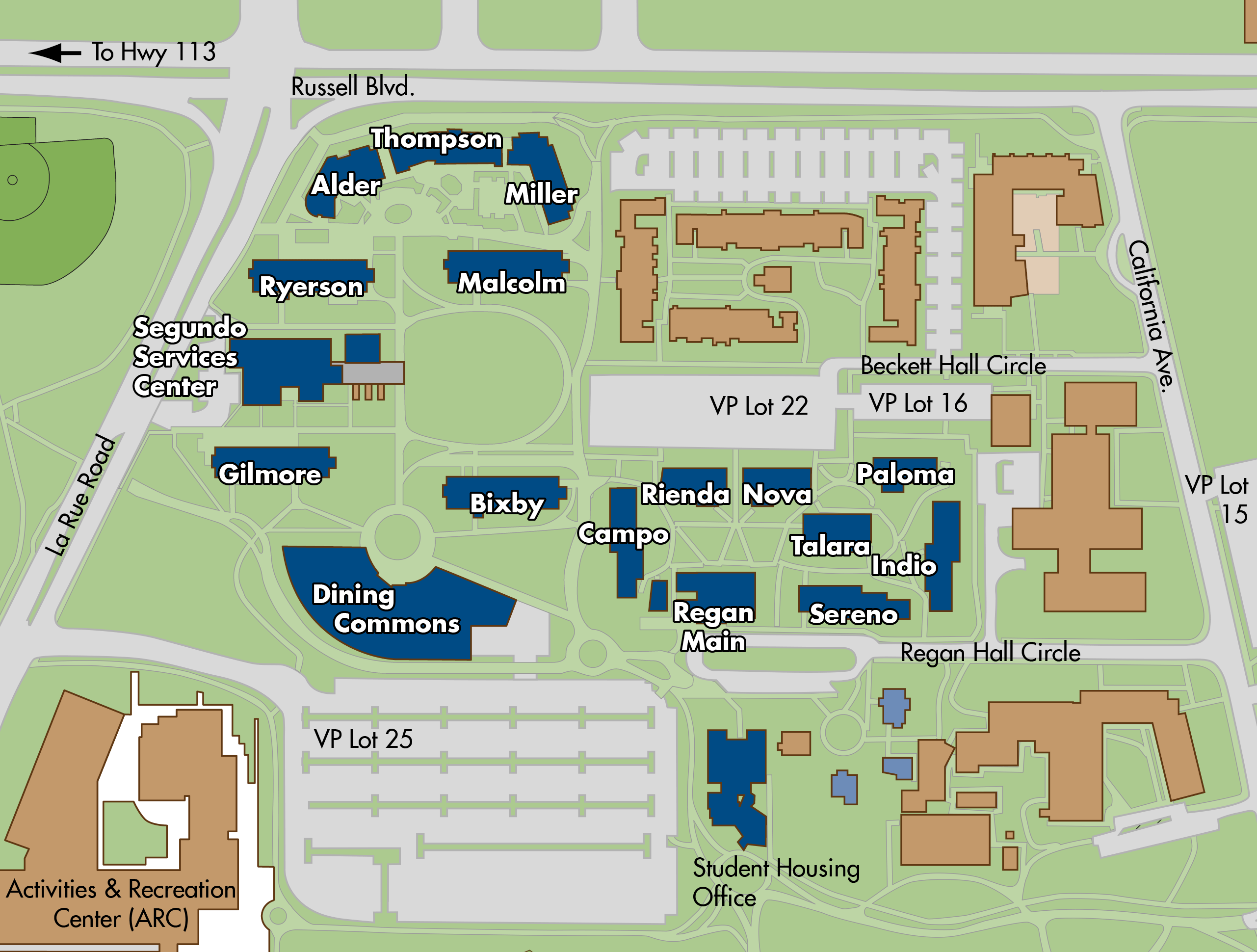 Map of Segundo area residence halls locations on the UC Davis campus