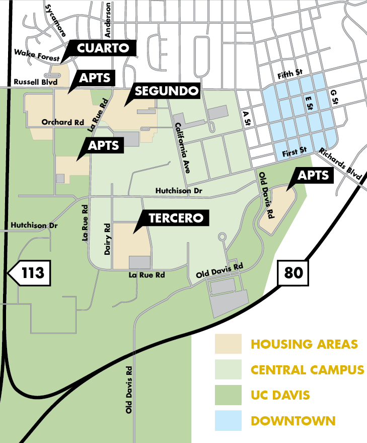 Diagram of the UC Davis campus, including freeways and main roads