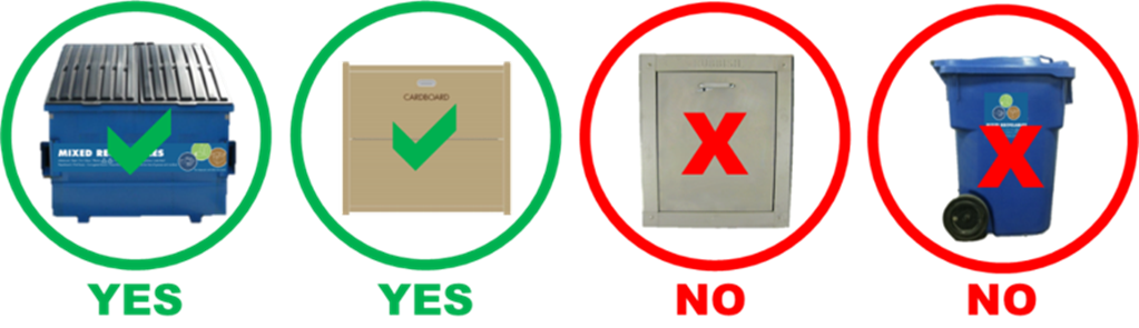 Dispose of cardboard in mixed recyclables and cardboard bins but not waste chutes and mixed recycle toters